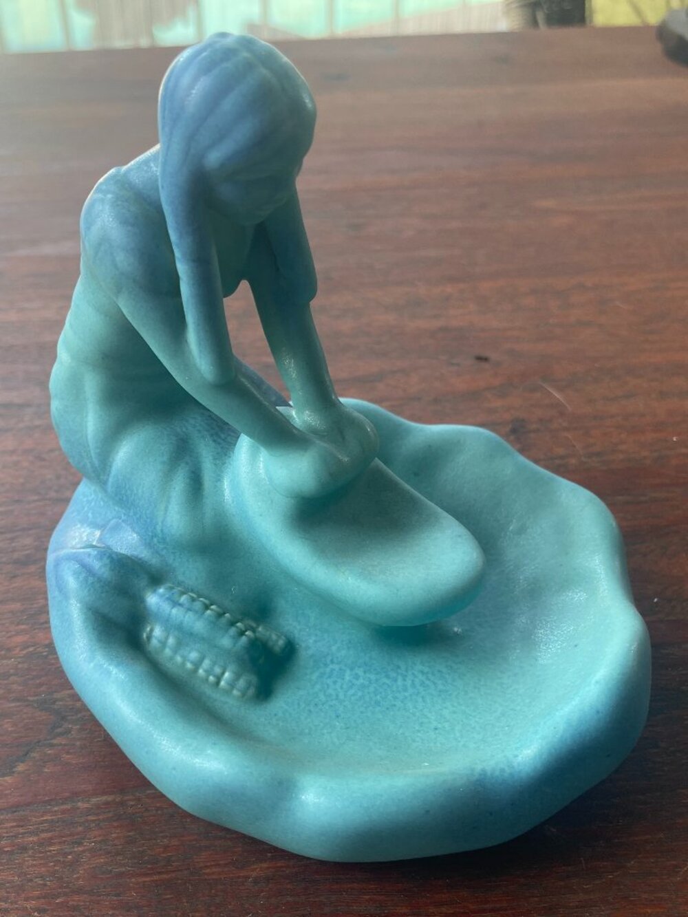 Art Deco Van Briggle Pottery Ming Blue Native American Indian Girl Grinding Corn